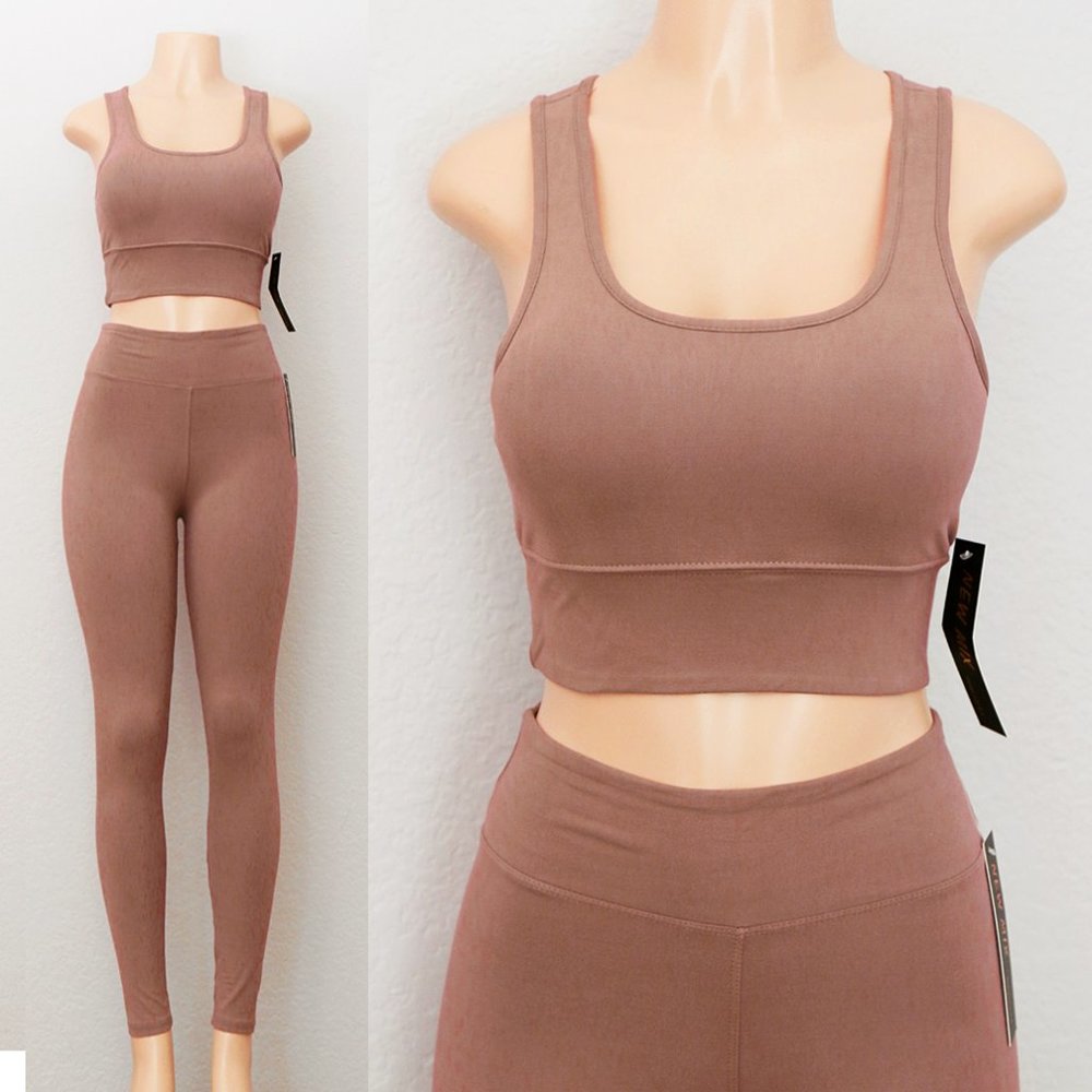 NEW Mocha Active Bra Crop Top + Leggings 2pc Set - Picture 2 of 10